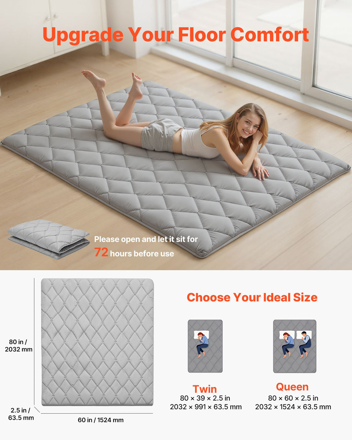 VEVOR Japanese Tatami Mat, Queen Size Foldable Japanese Tatami Mattress, Futon Mattress with Storage Bag & Fastener, 9-Layer Floor Mat for Sleeping, Dorm, Meditation, Yoga, 2032 x 1524 x 63.5 mm, Gray