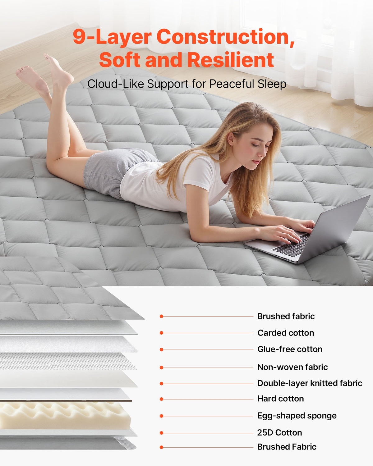 VEVOR Japanese Tatami Mat, Queen Size Foldable Japanese Tatami Mattress, Futon Mattress with Storage Bag & Fastener, 9-Layer Floor Mat for Sleeping, Dorm, Meditation, Yoga, 2032 x 1524 x 63.5 mm, Gray
