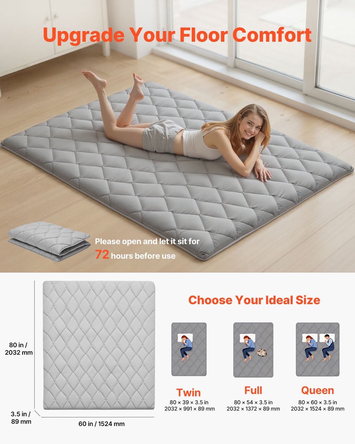 VEVOR Japanese Tatami Mat, Queen Size Foldable Japanese Tatami Mattress, Futon Mattress with Storage Bag & Fastener, 9-Layer Floor Mat for Sleeping, Dorm, Meditation, Yoga, 2032 x 1524 x 89 mm, Gray