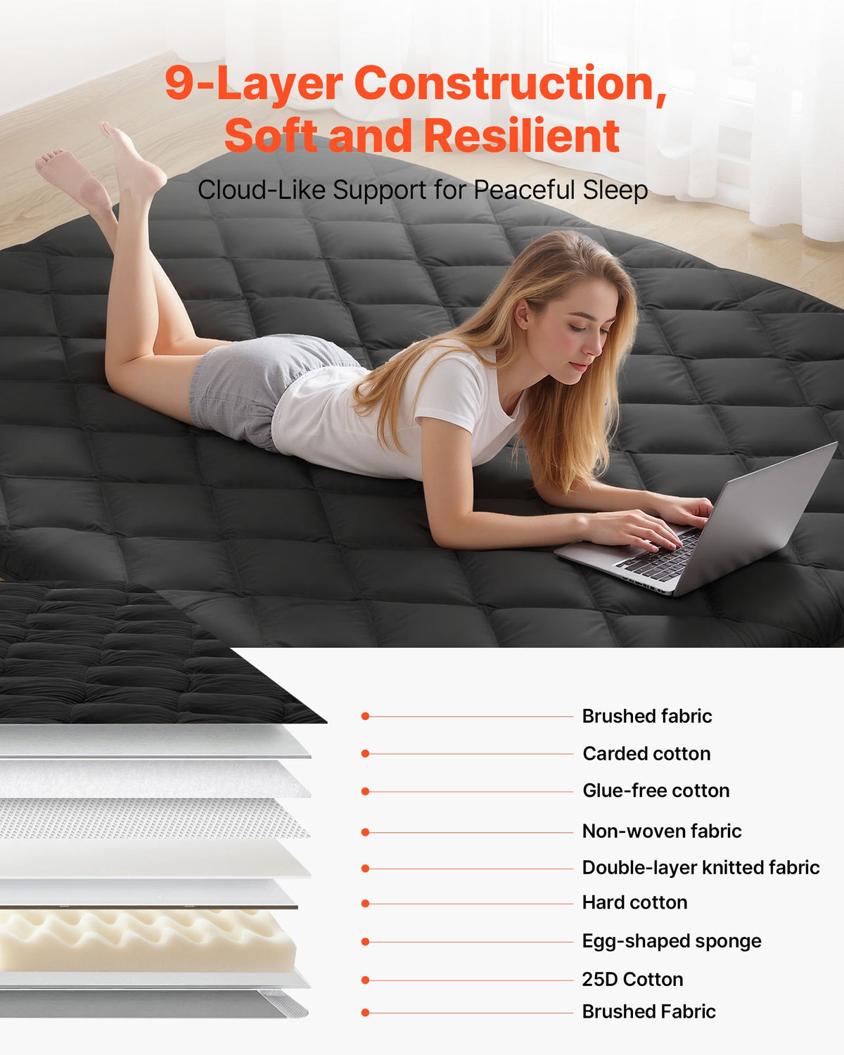 VEVOR Japanese Tatami Mat, Queen Size Foldable Japanese Tatami Mattress, Futon Mattress with Storage Bag & Fastener, 9-Layer Floor Mat for Sleeping, Dorm, Meditation, Yoga, 2032 x 1524 x 89 mm, Black
