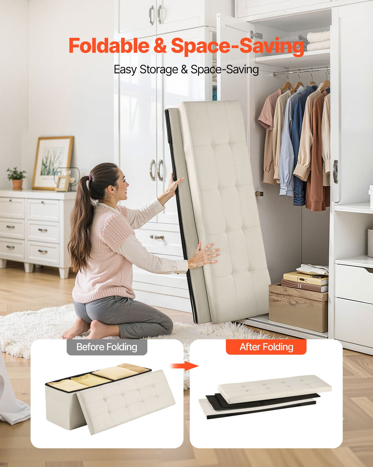 VEVOR Foldable Storage Ottoman Bench, End of Bed Bench with Side Bags, Folding Upholstered Storage Chest Supports 660 lbs, Linen Bed Ottoman with Large Space for Living Room, Bedroom, Entryway, Beige