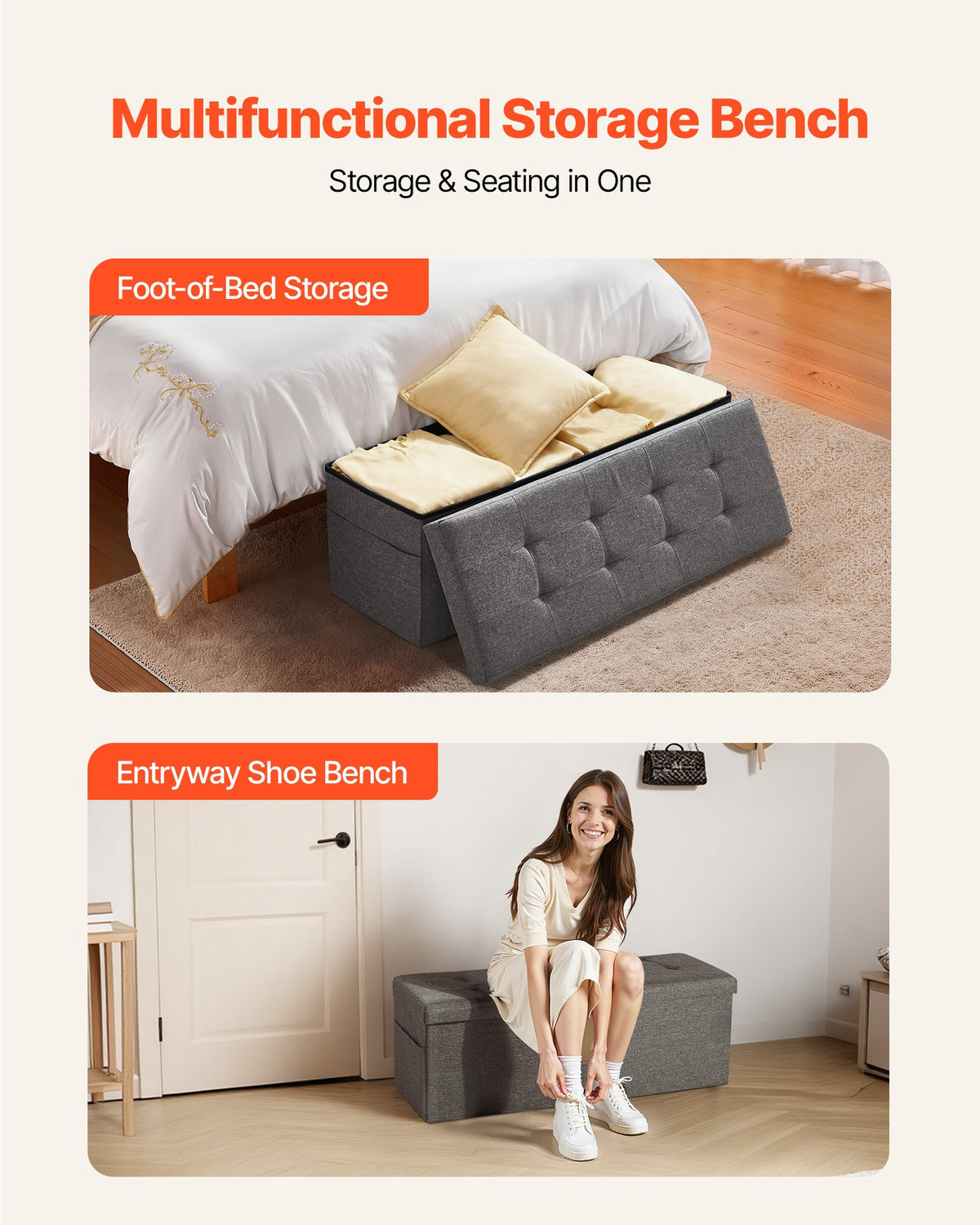 VEVOR Foldable Storage Ottoman Bench, End of Bed Bench with Side Bags, Folding Upholstered Storage Chest Supports 660 lbs, Linen Bed Ottoman with Large Space for Living Room, Bedroom, Entryway, Grey