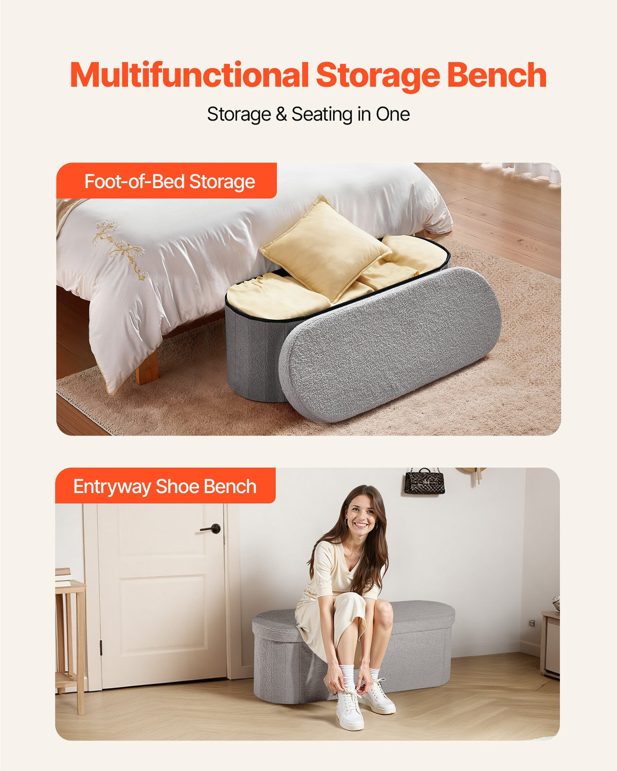 VEVOR Oval Storage Ottoman Bench, Foldable Teddy Fleece End of Bed Bench, Folding Upholstered Bed Ottoman Chest with Large Storage Space, Supports 660 lbs, for Living Room, Bedroom, Entryway, Grey