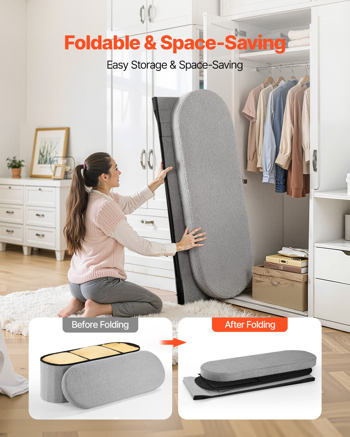 VEVOR Oval Storage Ottoman Bench, Foldable Teddy Fleece End of Bed Bench, Folding Upholstered Bed Ottoman Chest with Large Storage Space, Supports 660 lbs, for Living Room, Bedroom, Entryway, Grey