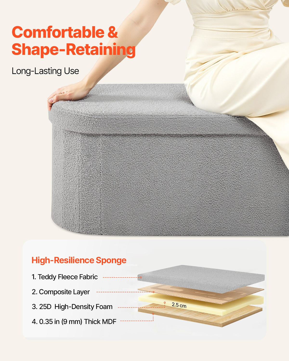 VEVOR Oval Storage Ottoman Bench, Foldable Teddy Fleece End of Bed Bench, Folding Upholstered Bed Ottoman Chest with Large Storage Space, Supports 660 lbs, for Living Room, Bedroom, Entryway, Grey