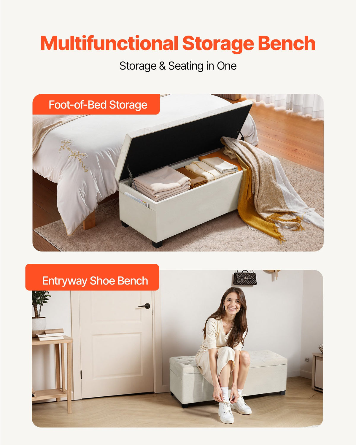VEVOR Storage Ottoman Bench, Button-Tufted End of Bed Bench with Side Bags, Flip-up Upholstered Storage Chest with Metal Frame, Linen Bed Ottoman for Living Room, Bedroom, Entryway, Office, Beige