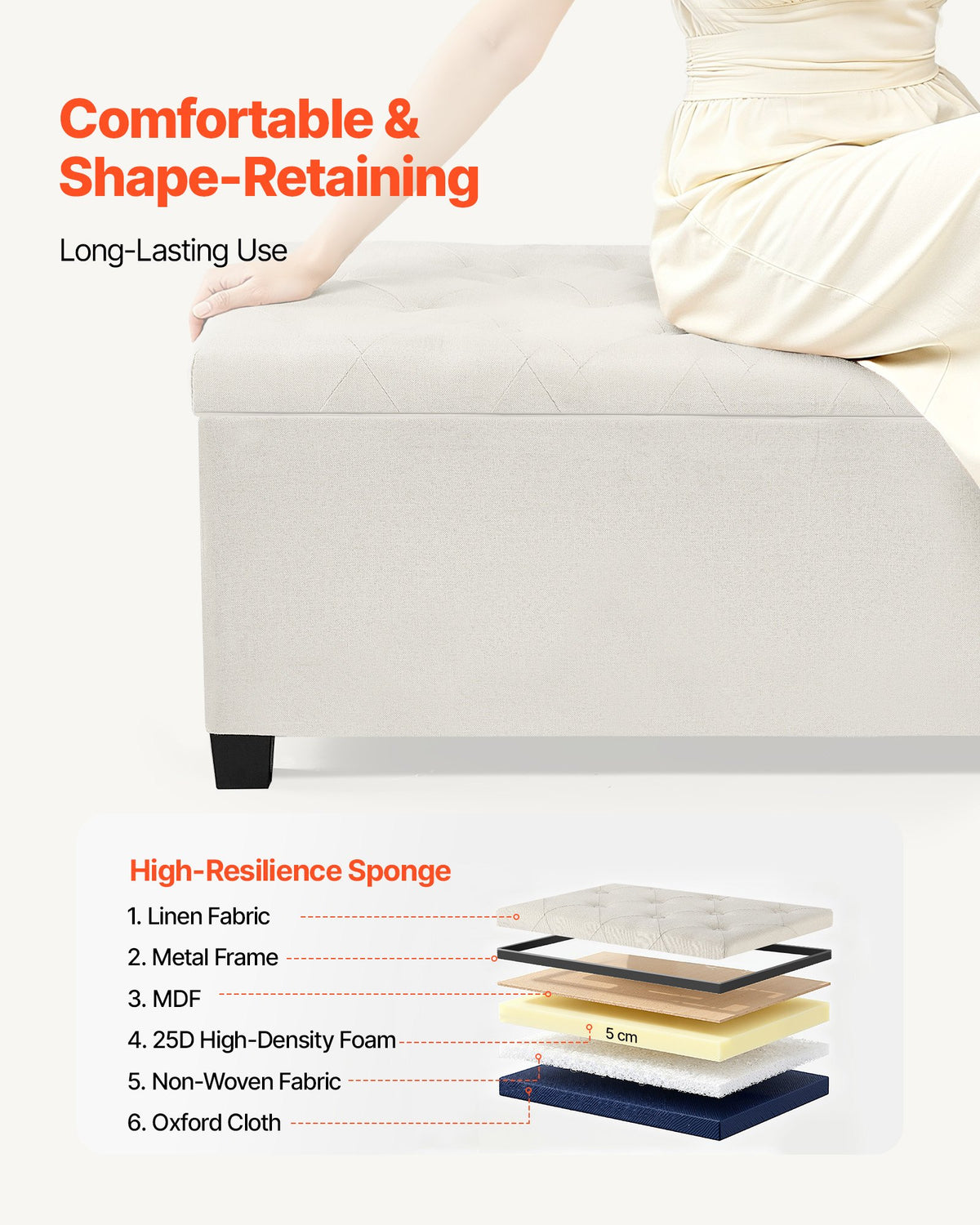 VEVOR Storage Ottoman Bench, Button-Tufted End of Bed Bench with Side Bags, Flip-up Upholstered Storage Chest with Metal Frame, Linen Bed Ottoman for Living Room, Bedroom, Entryway, Office, Beige