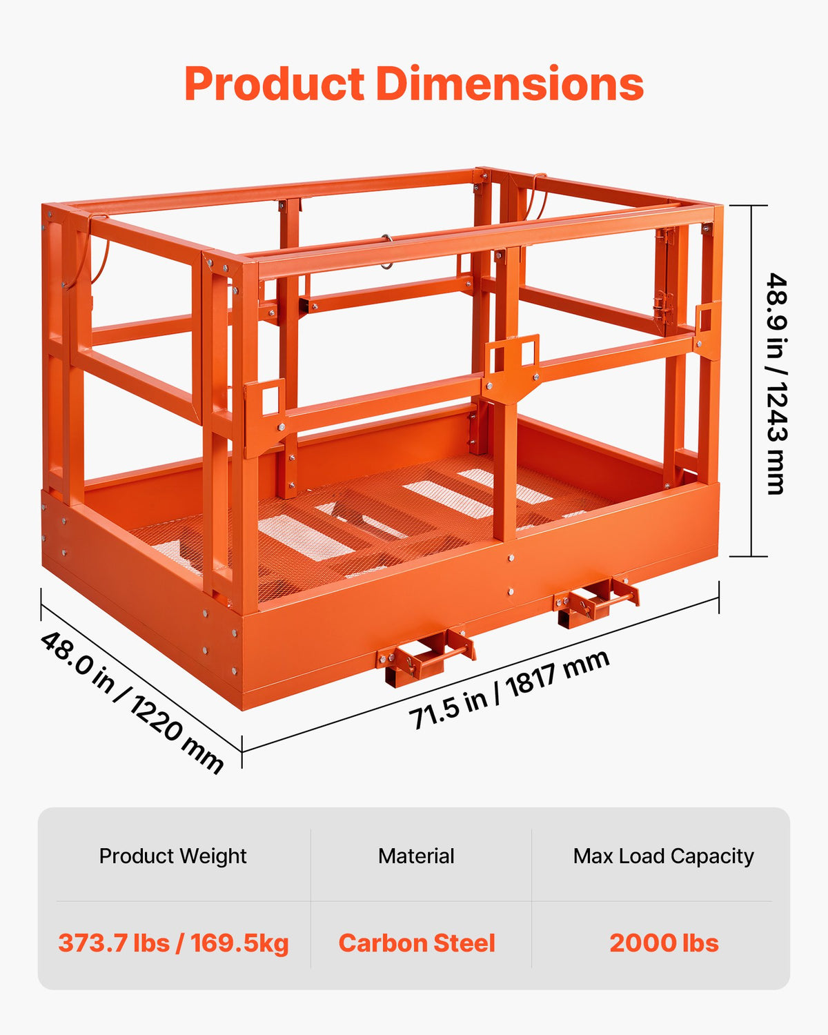 VEVOR Mesh Telehandler Work Platform, 1817 x 1220 mm, Man Safety Basket, 907.18 kg Capacity, Forklift Telehandler Attachment, Safety Cage, Heavy Duty Carbon Steel, for Most Aerial Jobs Lifting Loader