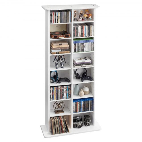 VEVOR Media Storage Cabinet, 8-Tier DVD Shelf Organizer, 559 x 222 x 1295 mm Multimedia Storage Organizer for CDs, DVDs, Books and Games, CD Shelf for Living Room, Home Office, Recording Room, White