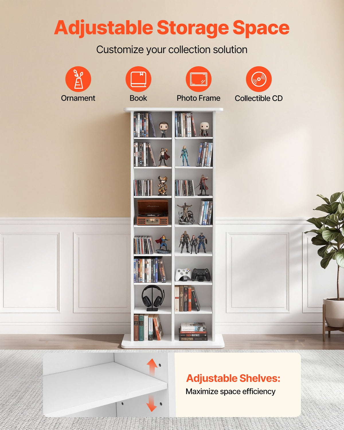 VEVOR Media Storage Cabinet, 8-Tier DVD Shelf Organizer, 559 x 222 x 1295 mm Multimedia Storage Organizer for CDs, DVDs, Books and Games, CD Shelf for Living Room, Home Office, Recording Room, White