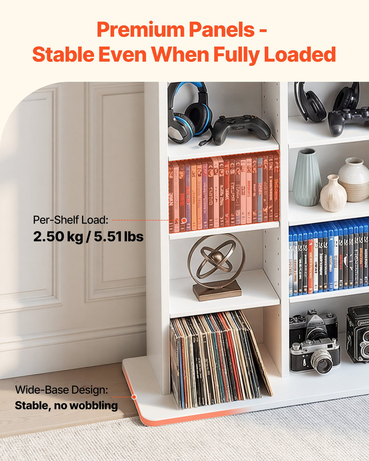 VEVOR Media Storage Cabinet, 8-Tier DVD Shelf Organizer, 559 x 222 x 1295 mm Multimedia Storage Organizer for CDs, DVDs, Books and Games, CD Shelf for Living Room, Home Office, Recording Room, White