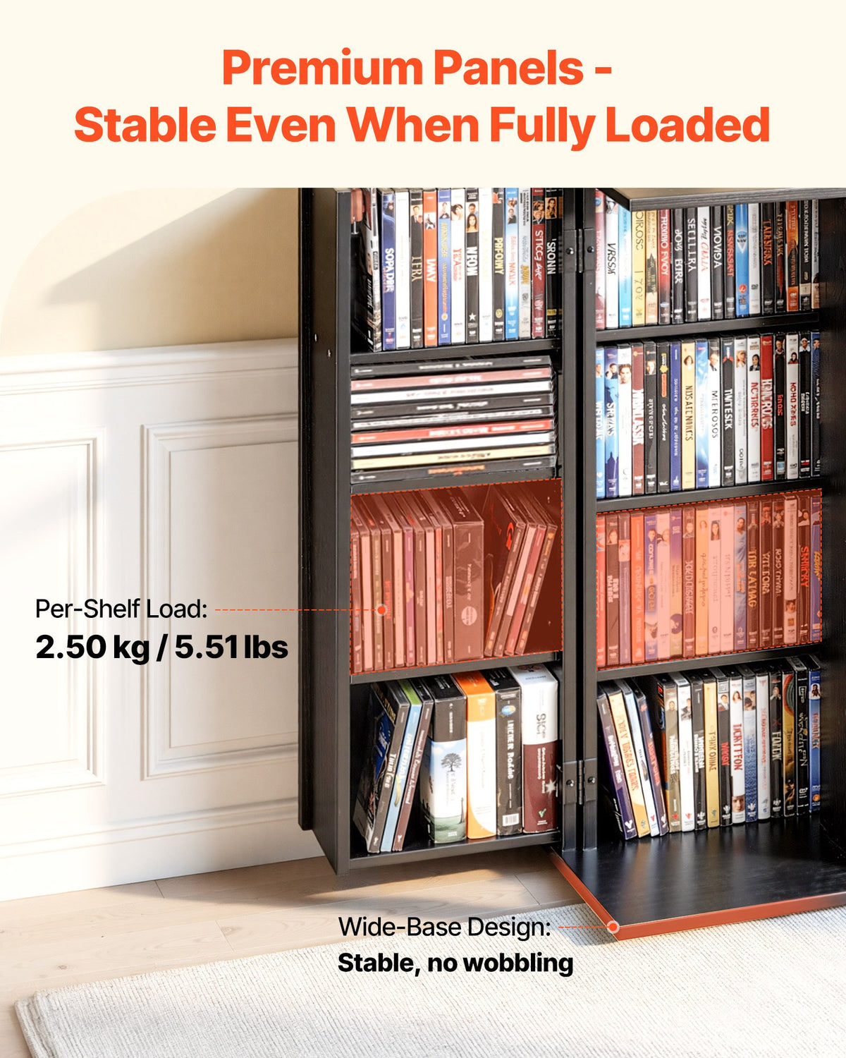 VEVOR Media Storage Cabinet, 4-Tier DVD Shelf Organizer, 610 x 368 x 846 mm Multimedia Storage Organizer for CDs, DVDs, Books, Games, CD Shelf for Living Room, Home Office, Recording Room, Black