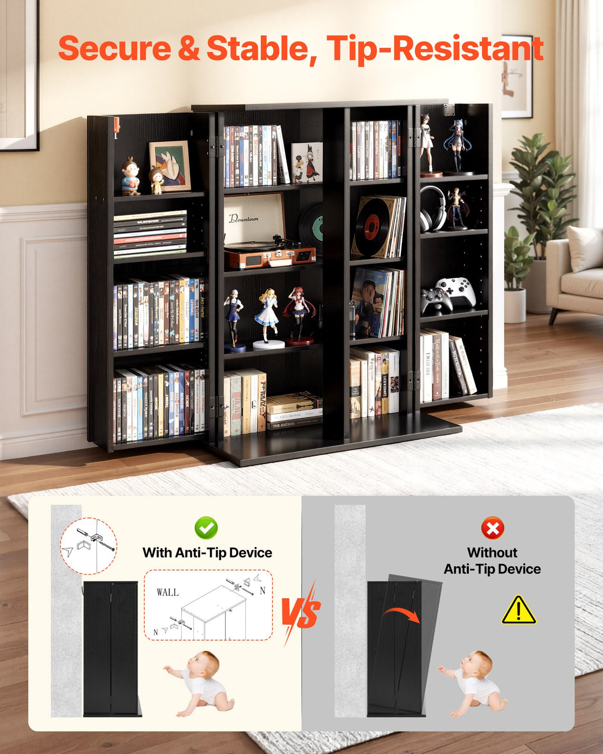 VEVOR Media Storage Cabinet, 4-Tier DVD Shelf Organizer, 610 x 368 x 846 mm Multimedia Storage Organizer for CDs, DVDs, Books, Games, CD Shelf for Living Room, Home Office, Recording Room, Black