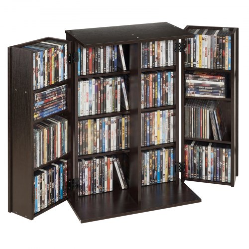 VEVOR Media Storage Cabinet, 4-Tier DVD Shelf Organizer, 610 x 368 x 846 mm Multimedia Storage Organizer for CDs, DVDs, Books, Games, CD Shelf for Living Room, Home Office, Recording Room, Brown