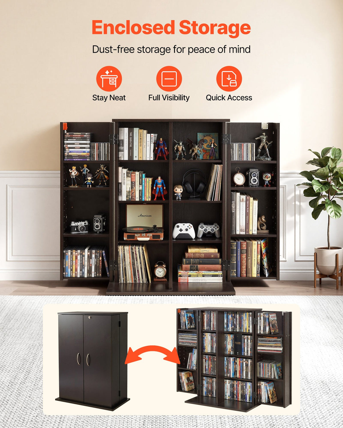 VEVOR Media Storage Cabinet, 4-Tier DVD Shelf Organizer, 610 x 368 x 846 mm Multimedia Storage Organizer for CDs, DVDs, Books, Games, CD Shelf for Living Room, Home Office, Recording Room, Brown