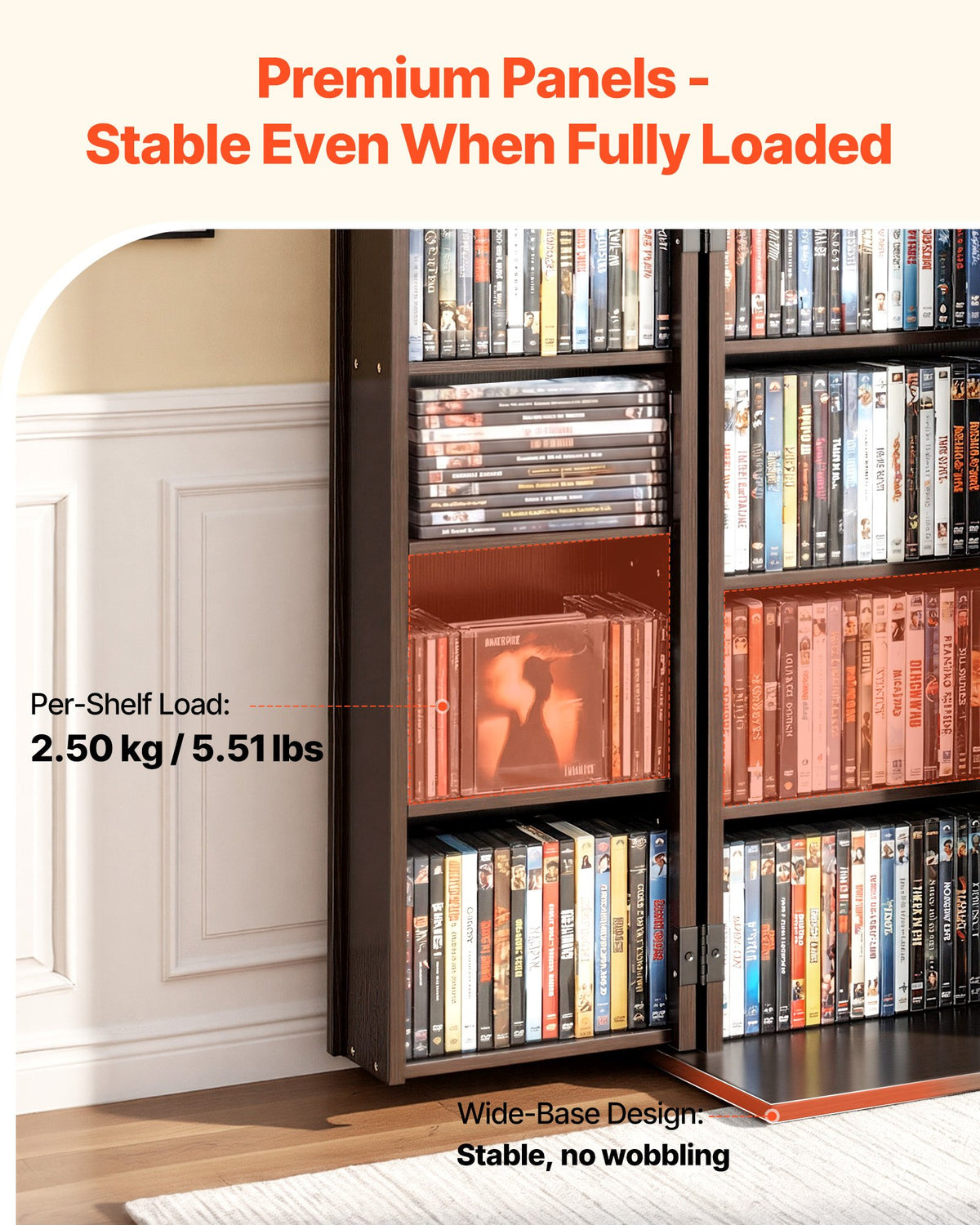 VEVOR Media Storage Cabinet, 4-Tier DVD Shelf Organizer, 610 x 368 x 846 mm Multimedia Storage Organizer for CDs, DVDs, Books, Games, CD Shelf for Living Room, Home Office, Recording Room, Brown