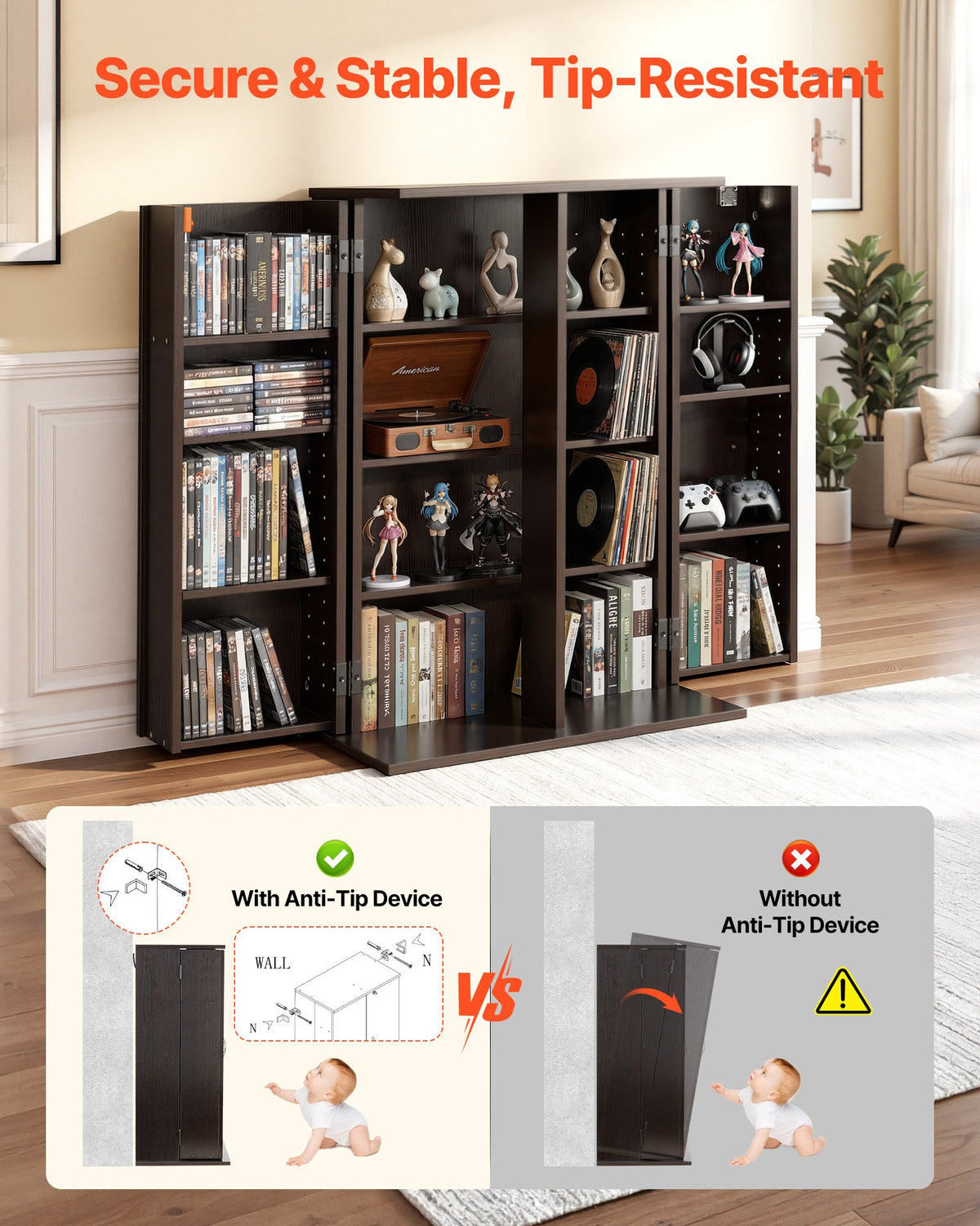 VEVOR Media Storage Cabinet, 4-Tier DVD Shelf Organizer, 610 x 368 x 846 mm Multimedia Storage Organizer for CDs, DVDs, Books, Games, CD Shelf for Living Room, Home Office, Recording Room, Brown