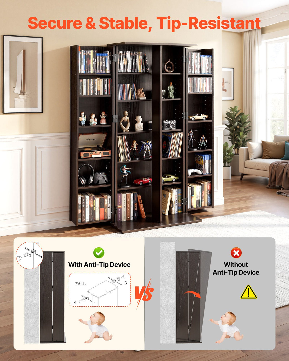 VEVOR Media Storage Cabinet, 6-Tier DVD Shelf Organizer, 610 x 368 x 1270 mm Multimedia Storage Organizer for CDs, DVDs, Books, Games, CD Shelf for Living Room, Home Office, Recording Room, Brown