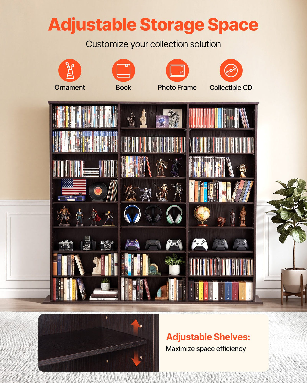 VEVOR Media Storage Cabinet, 8-Tier DVD Shelf Organizer, 142 x 22 x 130 cm Multimedia Storage Organizer for CDs, DVDs, Books & Games, CD Shelf for Living Room, Home Office, Recording Room, Brown