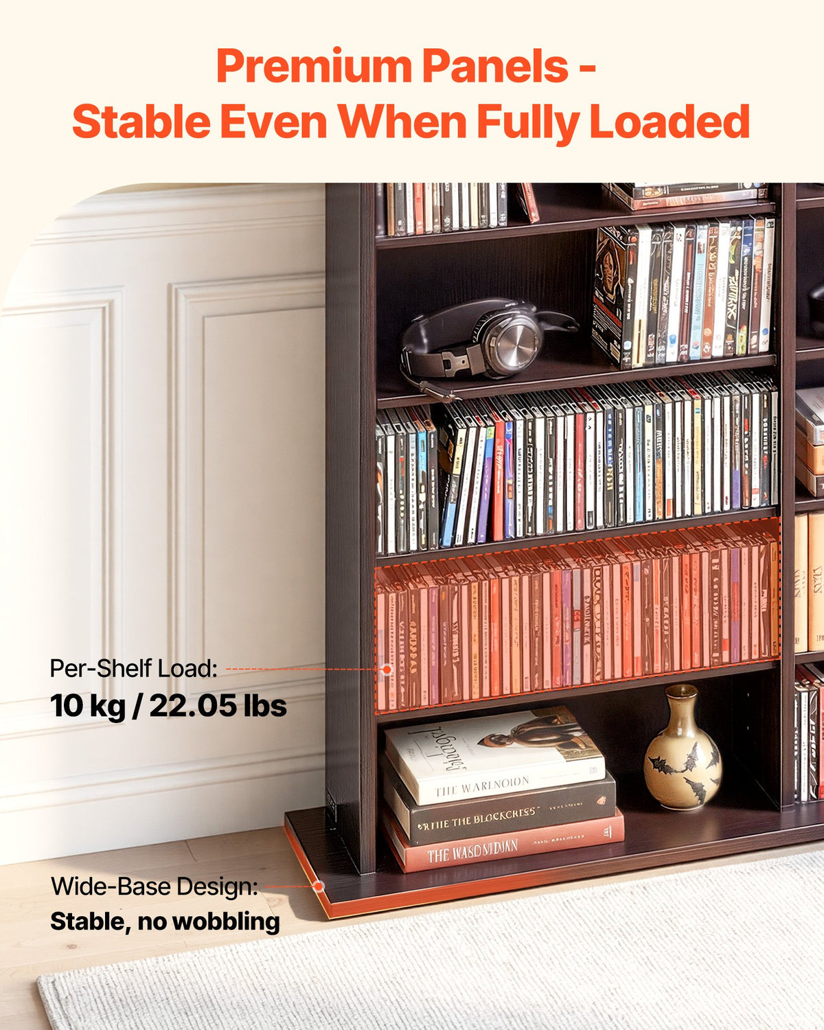 VEVOR Media Storage Cabinet, 8-Tier DVD Shelf Organizer, 142 x 22 x 130 cm Multimedia Storage Organizer for CDs, DVDs, Books & Games, CD Shelf for Living Room, Home Office, Recording Room, Brown