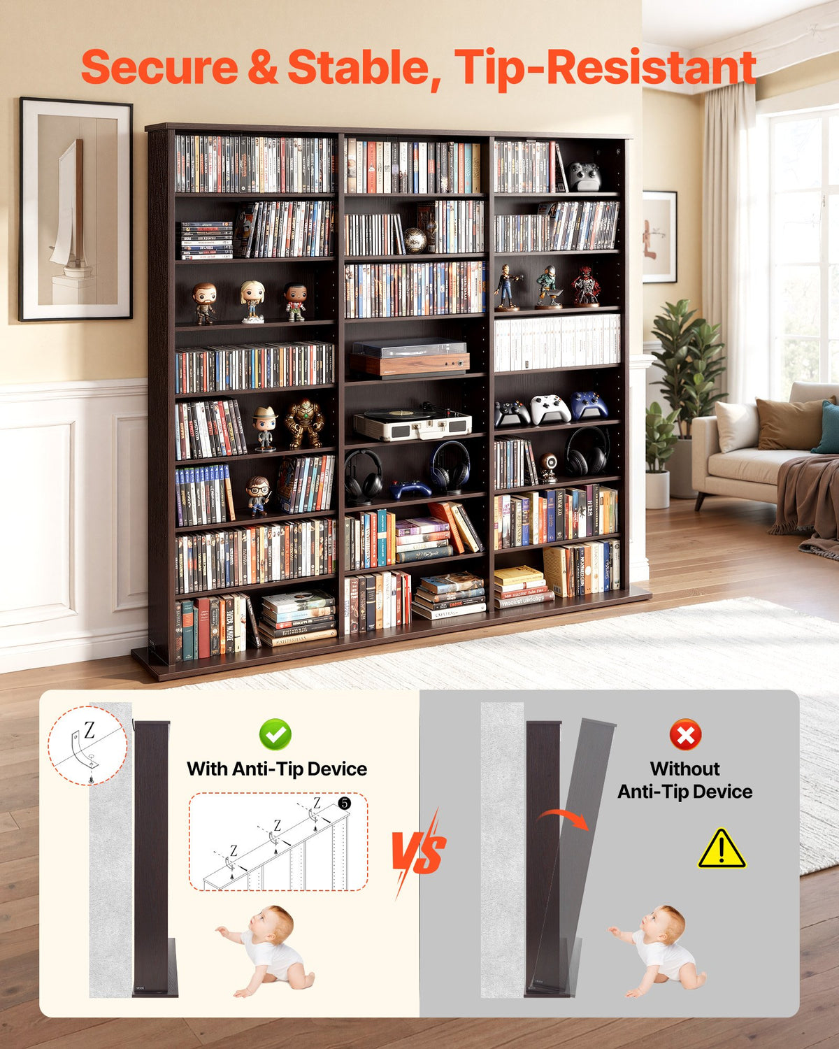 VEVOR Media Storage Cabinet, 8-Tier DVD Shelf Organizer, 142 x 22 x 130 cm Multimedia Storage Organizer for CDs, DVDs, Books & Games, CD Shelf for Living Room, Home Office, Recording Room, Brown