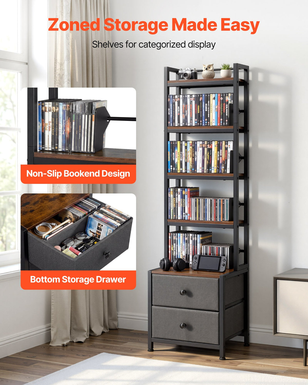 VEVOR Media Storage Cabinet, 4-Shelf DVD Shelf Organizer with Drawers, 40 x 30 x 143.5 cm Multimedia Storage Organizer for CDs, DVDs, Books and Games, CD Cabinet for Living Room, Home Office
