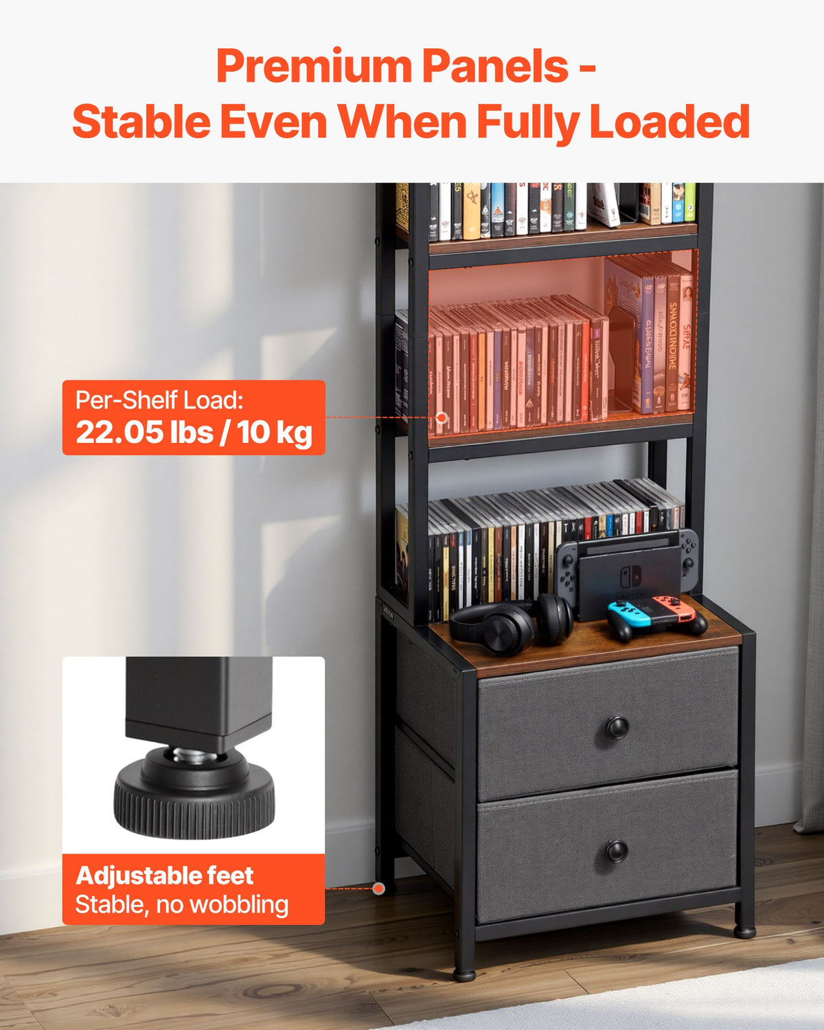 VEVOR Media Storage Cabinet, 4-Shelf DVD Shelf Organizer with Drawers, 40 x 30 x 143.5 cm Multimedia Storage Organizer for CDs, DVDs, Books and Games, CD Cabinet for Living Room, Home Office