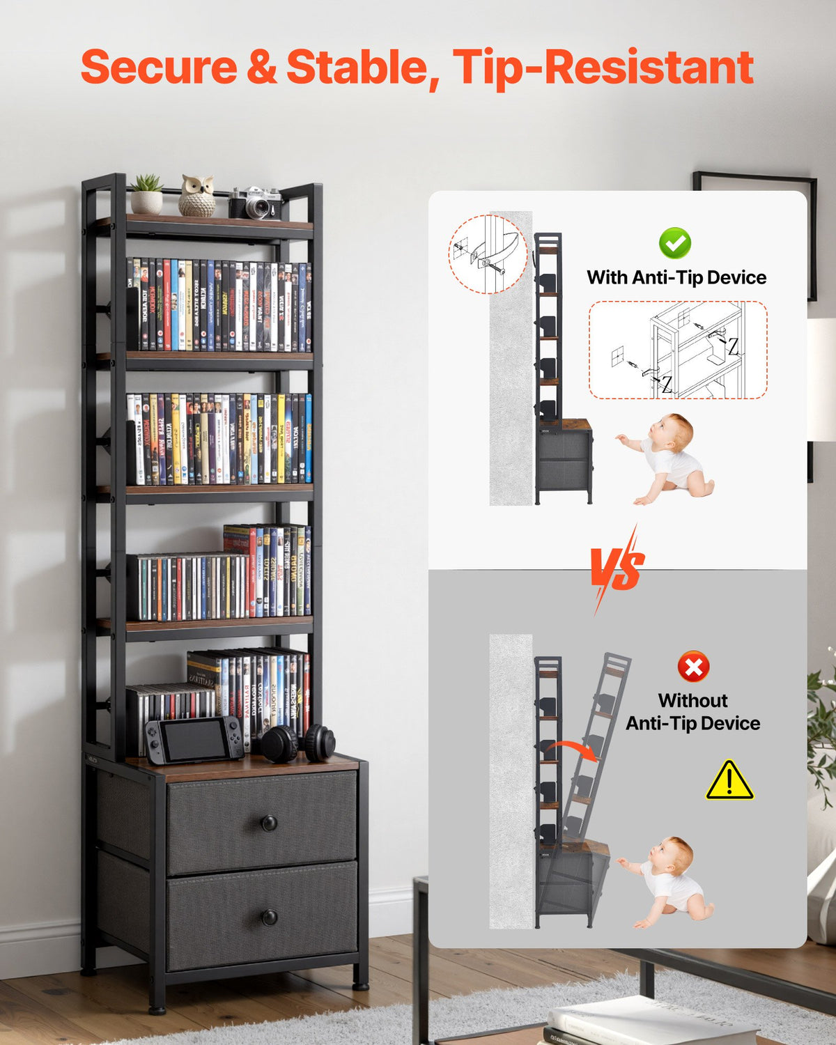 VEVOR Media Storage Cabinet, 4-Shelf DVD Shelf Organizer with Drawers, 40 x 30 x 143.5 cm Multimedia Storage Organizer for CDs, DVDs, Books and Games, CD Cabinet for Living Room, Home Office