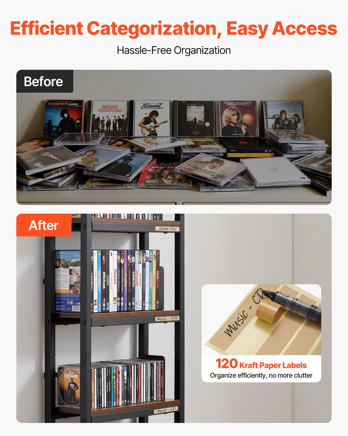 VEVOR Media Storage Cabinet, 4-Shelf DVD Shelf Organizer with Drawers, 40 x 30 x 143.5 cm Multimedia Storage Organizer for CDs, DVDs, Books and Games, CD Cabinet for Living Room, Home Office