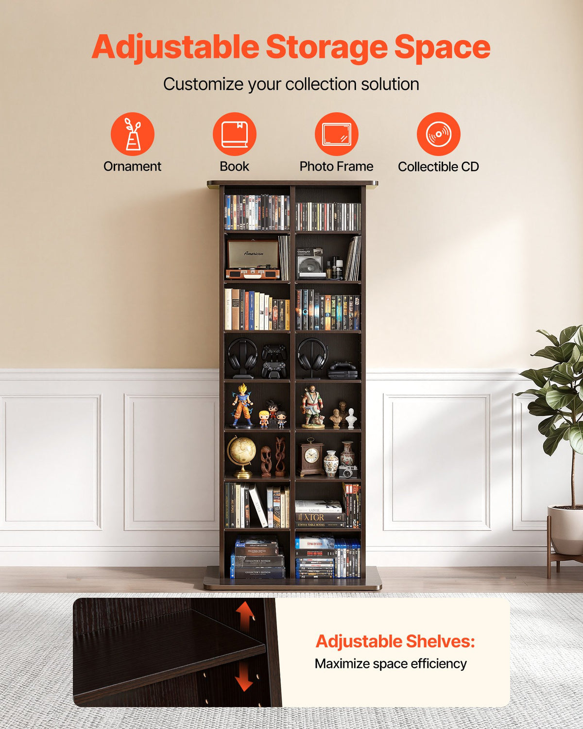 VEVOR Media Storage Cabinet, 8-Tier DVD Shelf Organizer, 559 x 222 x 1295 mm Multimedia Storage Organizer for CDs, DVDs, Books and Games, CD Shelf for Living Room, Home Office, Recording Room