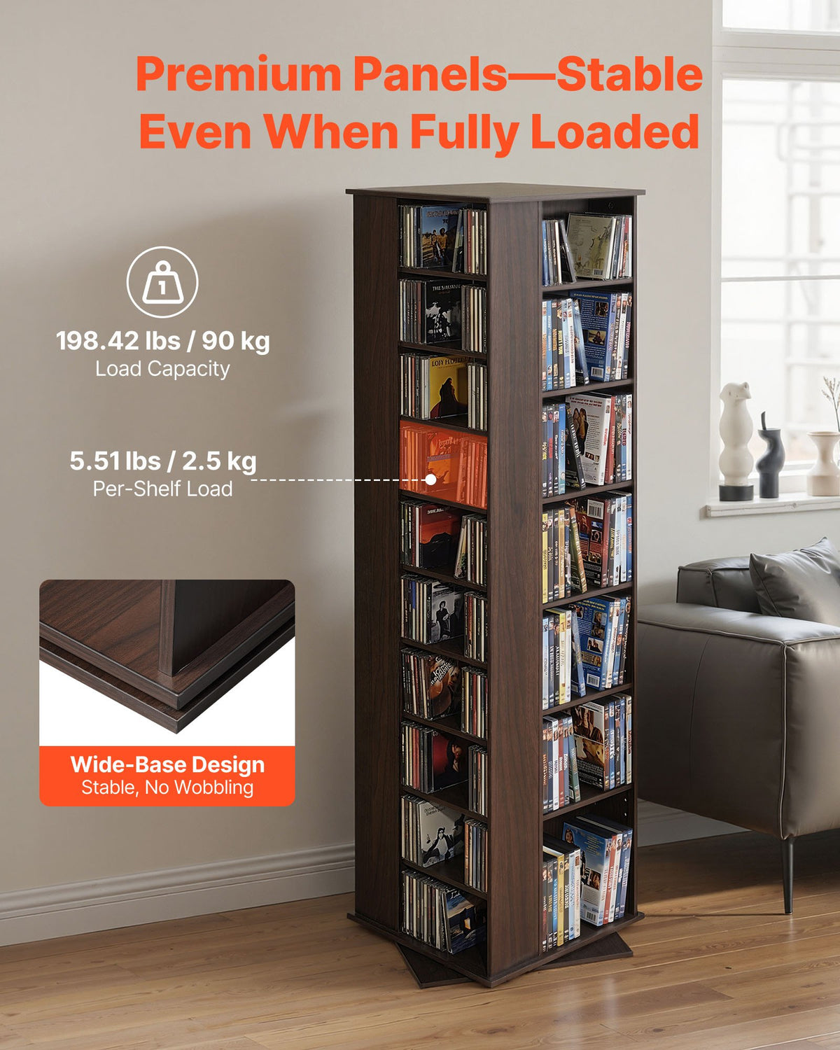 VEVOR Media Storage Cabinet, CD Rack Tower, 34 Compartments Rotating Media Tower Rack for CDs, DVDs, Books and Game Discs, DVD Stand for Living Room, Home Office and Recording Room, Brown