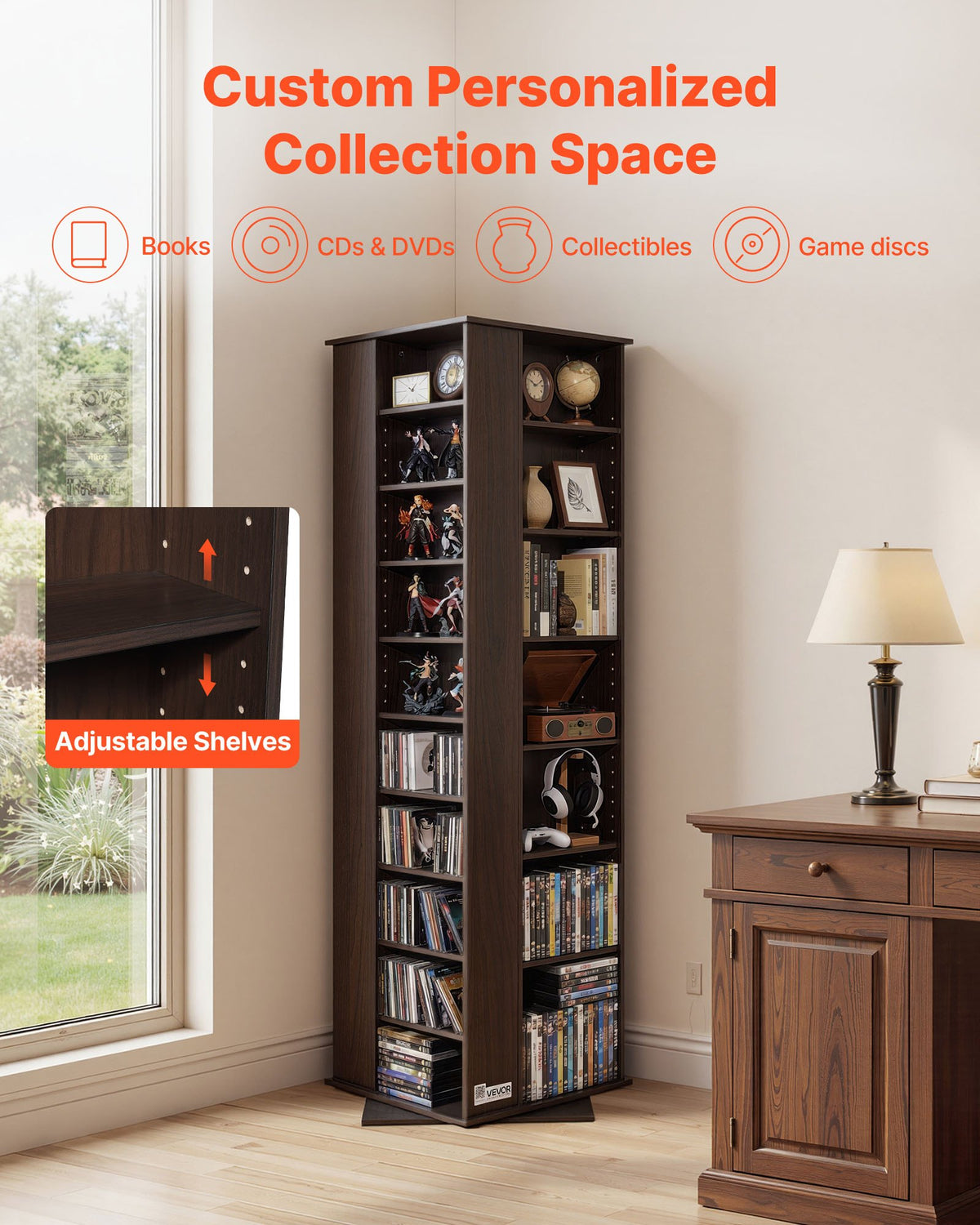VEVOR Media Storage Cabinet, CD Rack Tower, 34 Compartments Rotating Media Tower Rack for CDs, DVDs, Books and Game Discs, DVD Stand for Living Room, Home Office and Recording Room, Brown