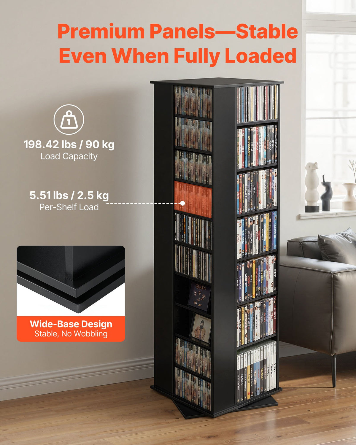 VEVOR Media Storage Cabinet, CD Rack Tower, 34 Compartments Rotating Media Tower Rack for CDs, DVDs, Books and Game Discs, DVD Stand for Living Room, Home Office and Recording Room, Black