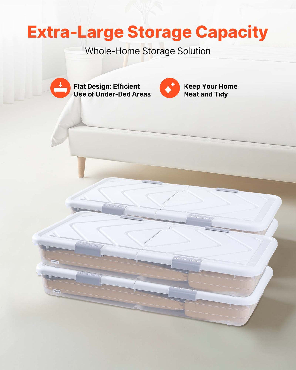 VEVOR Under Bed Storage with Wheels, 805 x 396 x 175 mm Underbed Containers, Underbed Shoes Organizer with Lid and Gray Latch, Rolling Under the Bed Storage Bins for Clothes Shoes Blankets, 4 Pack