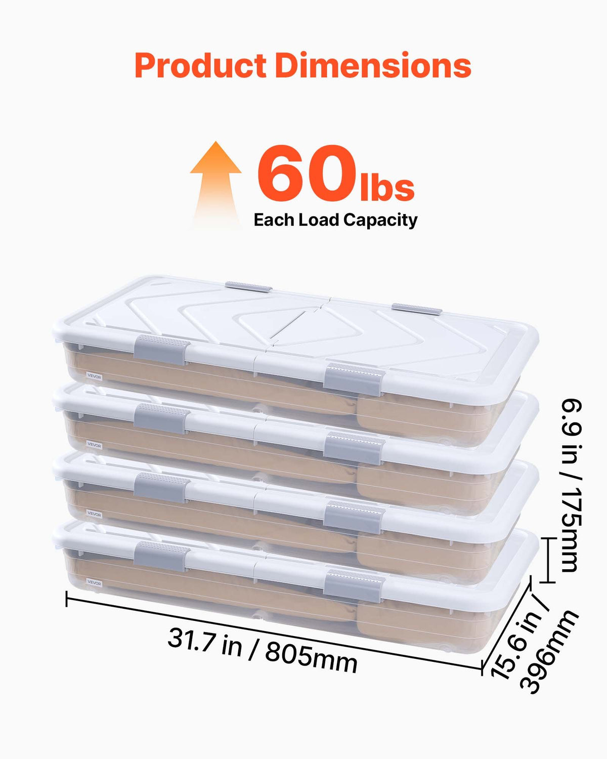 VEVOR Under Bed Storage with Wheels, 805 x 396 x 175 mm Underbed Containers, Underbed Shoes Organizer with Lid and Gray Latch, Rolling Under the Bed Storage Bins for Clothes Shoes Blankets, 4 Pack