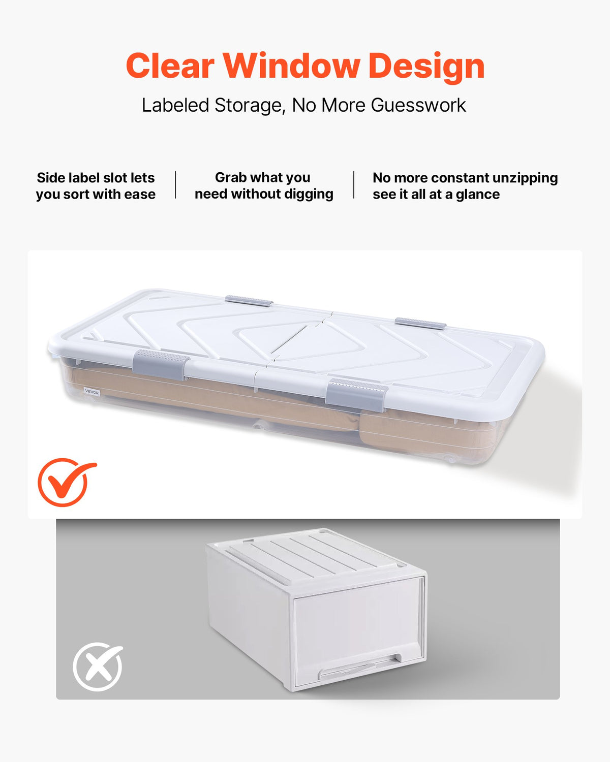 VEVOR Under Bed Storage with Wheels, 805 x 396 x 175 mm Underbed Containers, Underbed Shoes Organizer with Lid and Gray Latch, Rolling Under the Bed Storage Bins for Clothes Shoes Blankets, 4 Pack