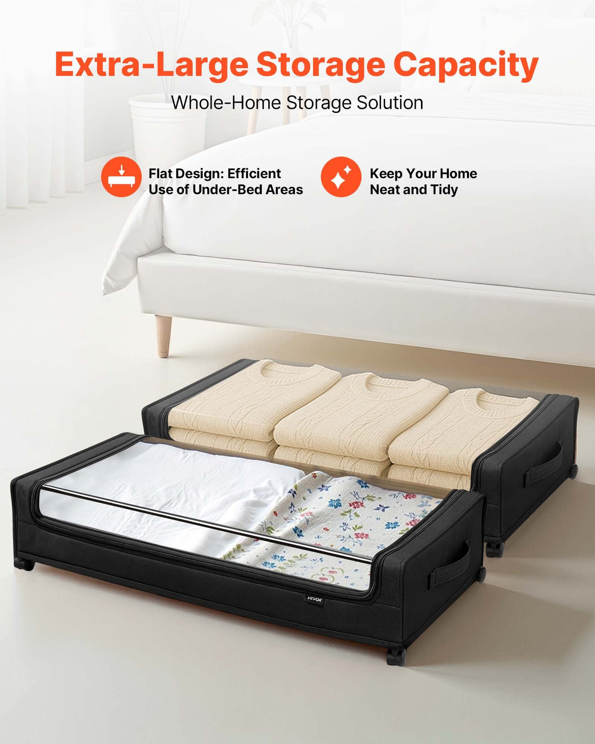 VEVOR Under Bed Storage with Wheels, 770 x 470 x 173 mm, Underbed Containers with Clear Lid, Underbed Shoe Organizer, Rolling Under the Bed Storage Bins for Clothes, Shoes, Blankets, Bedroom, 2 Pack