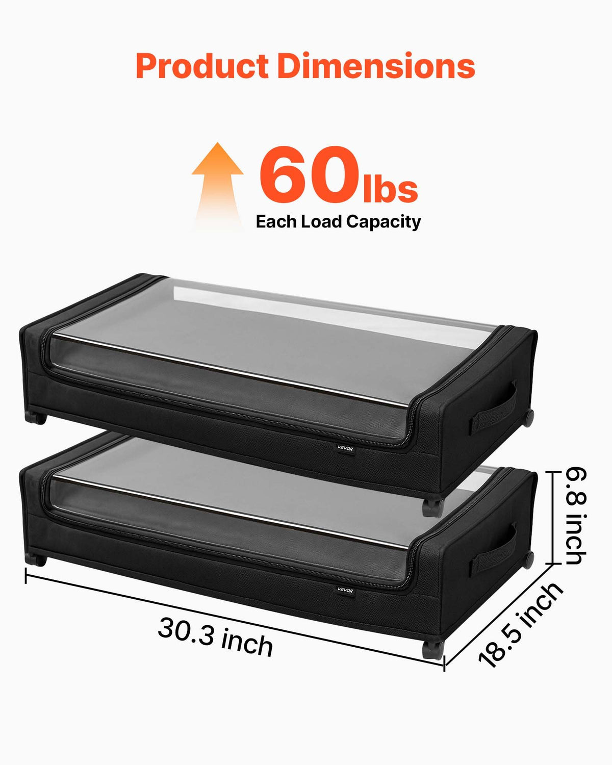 VEVOR Under Bed Storage with Wheels, 770 x 470 x 173 mm, Underbed Containers with Clear Lid, Underbed Shoe Organizer, Rolling Under the Bed Storage Bins for Clothes, Shoes, Blankets, Bedroom, 2 Pack