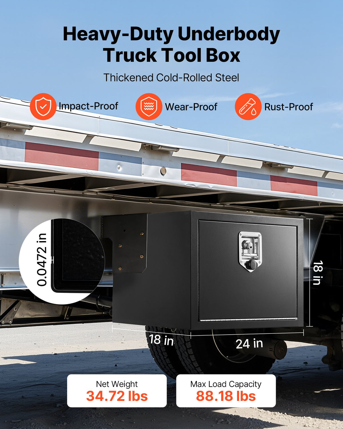 VEVOR Underbody Truck Tool Box, 609 x 457 x 457 mm Heavy Duty Steel Trailer Storage Box with Lock & Keys, Waterproof Trailer Storage Organizer Under Body Chest with T-Handle for Truck, Van, SUV, Black