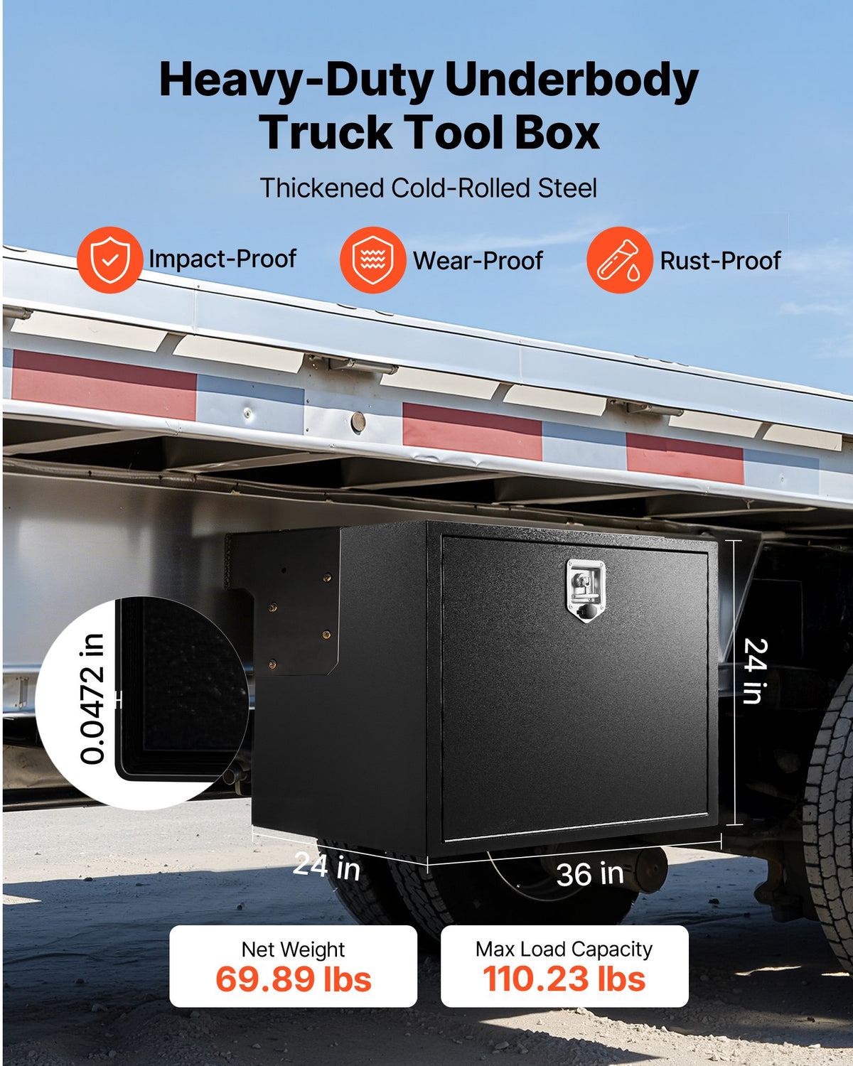 VEVOR Underbody Truck Tool Box, 914 x 609 x 609 mm Heavy Duty Steel Trailer Storage Box with Lock & Keys, Waterproof Trailer Storage Organizer Under Body Chest with T-Handle for Truck, Van, SUV, Black