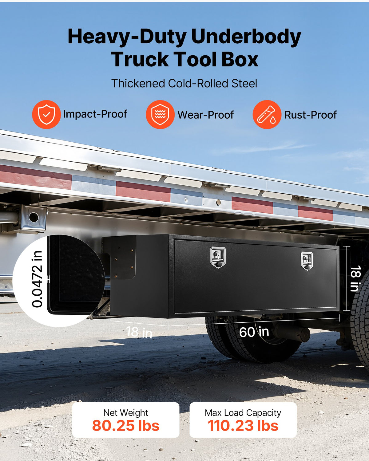 VEVOR Underbody Truck Tool Box, 1524 x 457 x 457 mm Heavy Duty Steel Trailer Storage Box with Lock & Keys, Waterproof Trailer Storage Organizer Under Body Chest with T-Handle for Truck Van SUV, Black