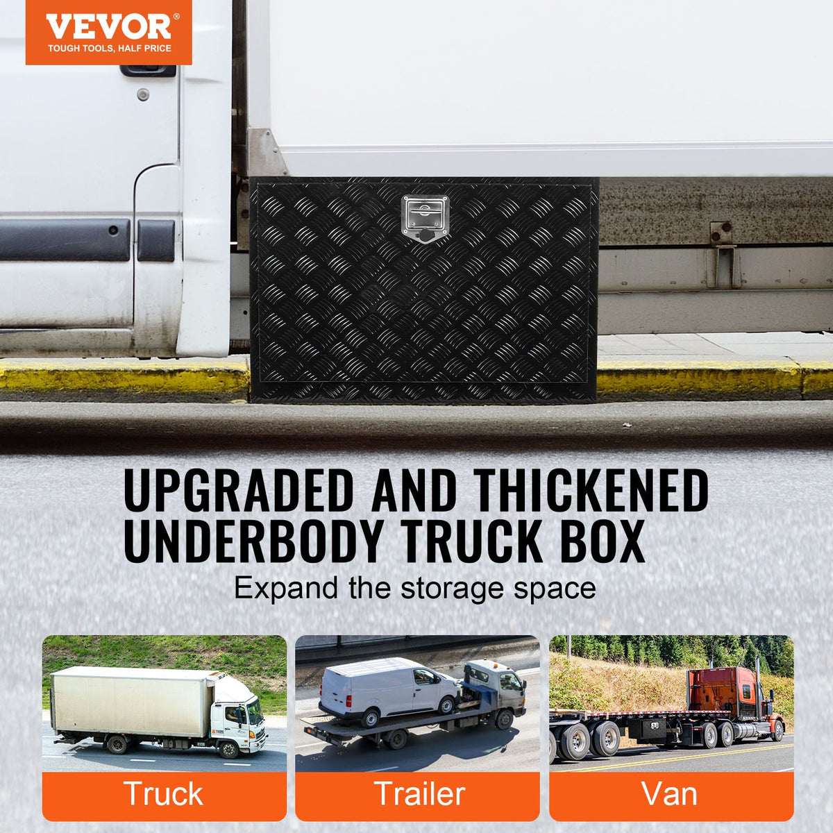 VEVOR Underbody Truck Box, 48" x 17" x 18" Pickup Storage Box, Heavy Duty Aluminum Diamond Plate Tool Box with Lock and Keys, Waterproof Trailer Storage Box with T-Handle Latch for Truck, Van, Trailer