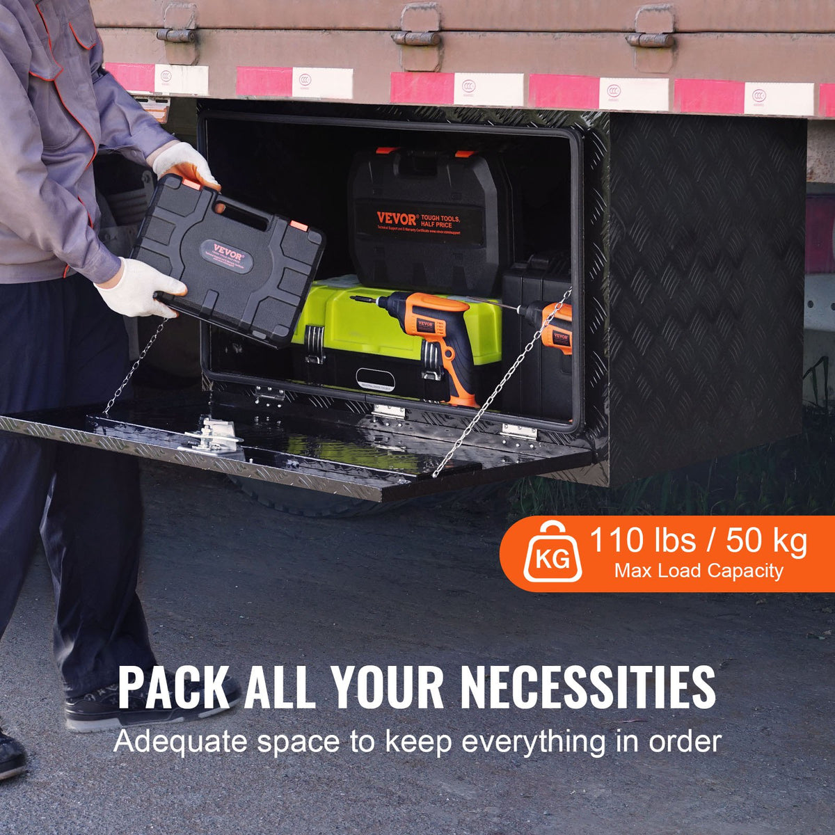 VEVOR Underbody Truck Box, 48" x 17" x 18" Pickup Storage Box, Heavy Duty Aluminum Diamond Plate Tool Box with Lock and Keys, Waterproof Trailer Storage Box with T-Handle Latch for Truck, Van, Trailer