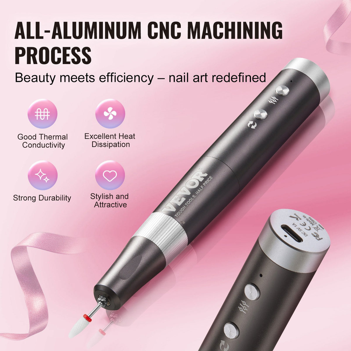 VEVOR Electric Cordless Nail Drill, 30,000RPM Variable-Speed Rechargeable Nail E File Machine, Portable Manicure Pedicure Polisher with 50PCS Sanding Bands for Dead Skin Removal, Nail Surface Smooth