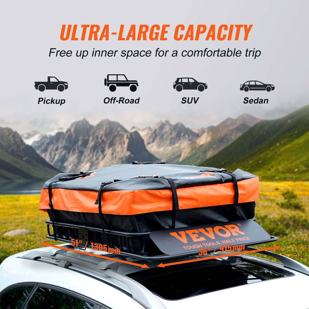 VEVOR Roof Rack Cargo Basket, 130.5 x 91.5 x 12.7 cm Rooftop Cargo Carrier w/ 15 Cu Ft Waterproof Cargo Bag, 90 kg Capacity Universal Rack Carrier for SUV, Truck