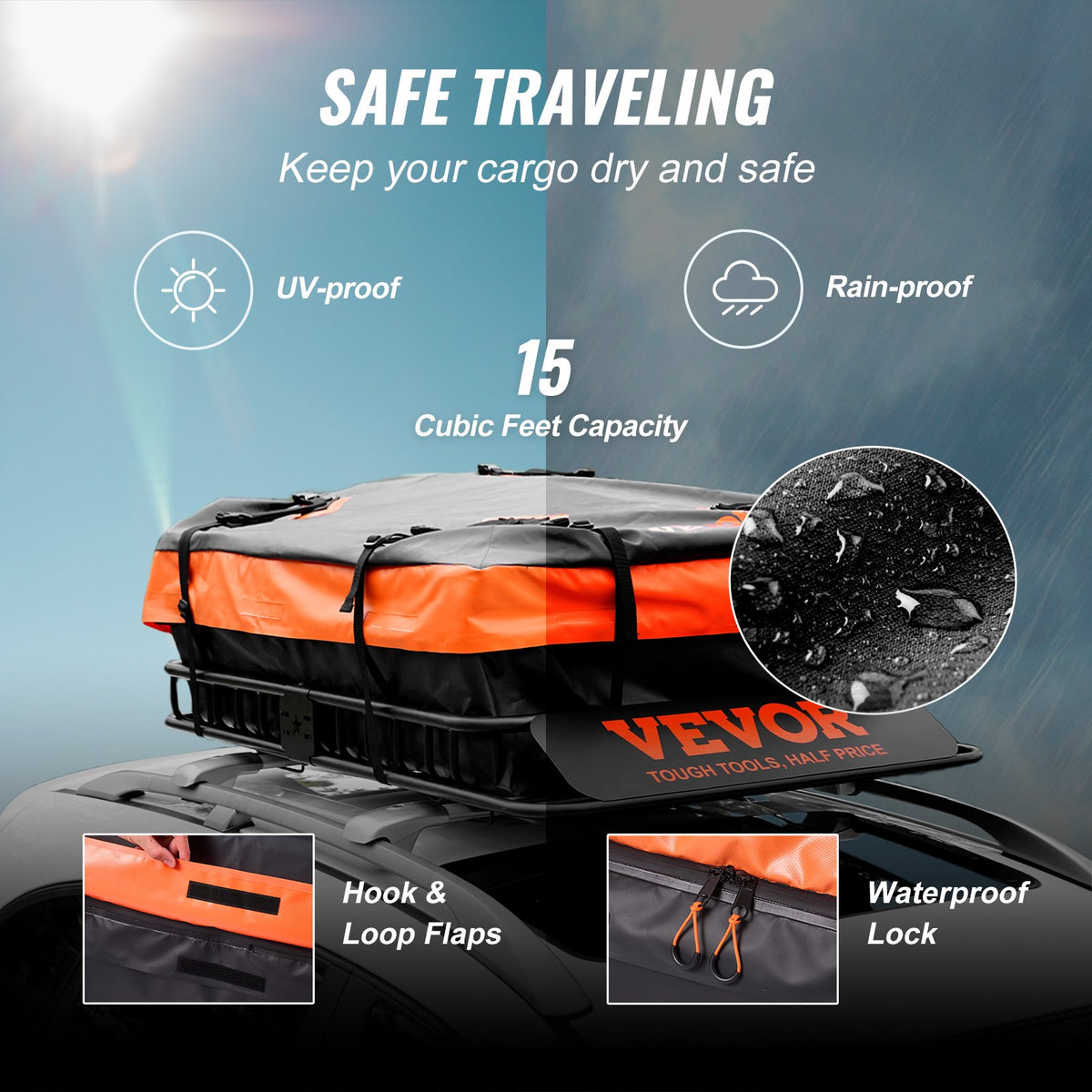 VEVOR Roof Rack Cargo Basket, 130.5 x 91.5 x 12.7 cm Rooftop Cargo Carrier w/ 15 Cu Ft Waterproof Cargo Bag, 90 kg Capacity Universal Rack Carrier for SUV, Truck