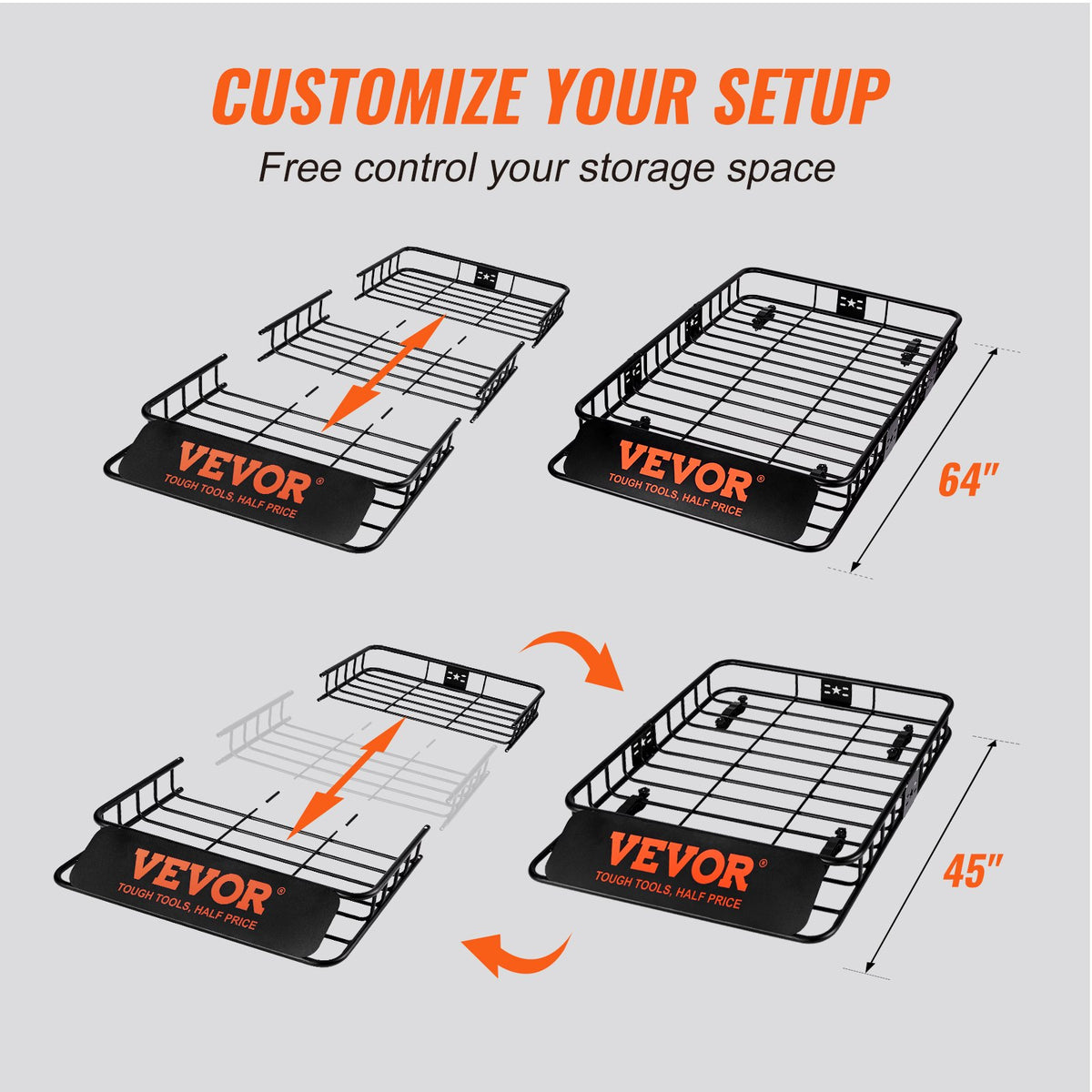 VEVOR Roof Rack Cargo Basket, 162.6 cm x 99.1 cm x 15.2 cm Rooftop Cargo Carrier with Extension, Heavy-duty Steel 90.7 kg Capacity Universal Roof Rack Basket, Luggage Holder for SUV, Truck