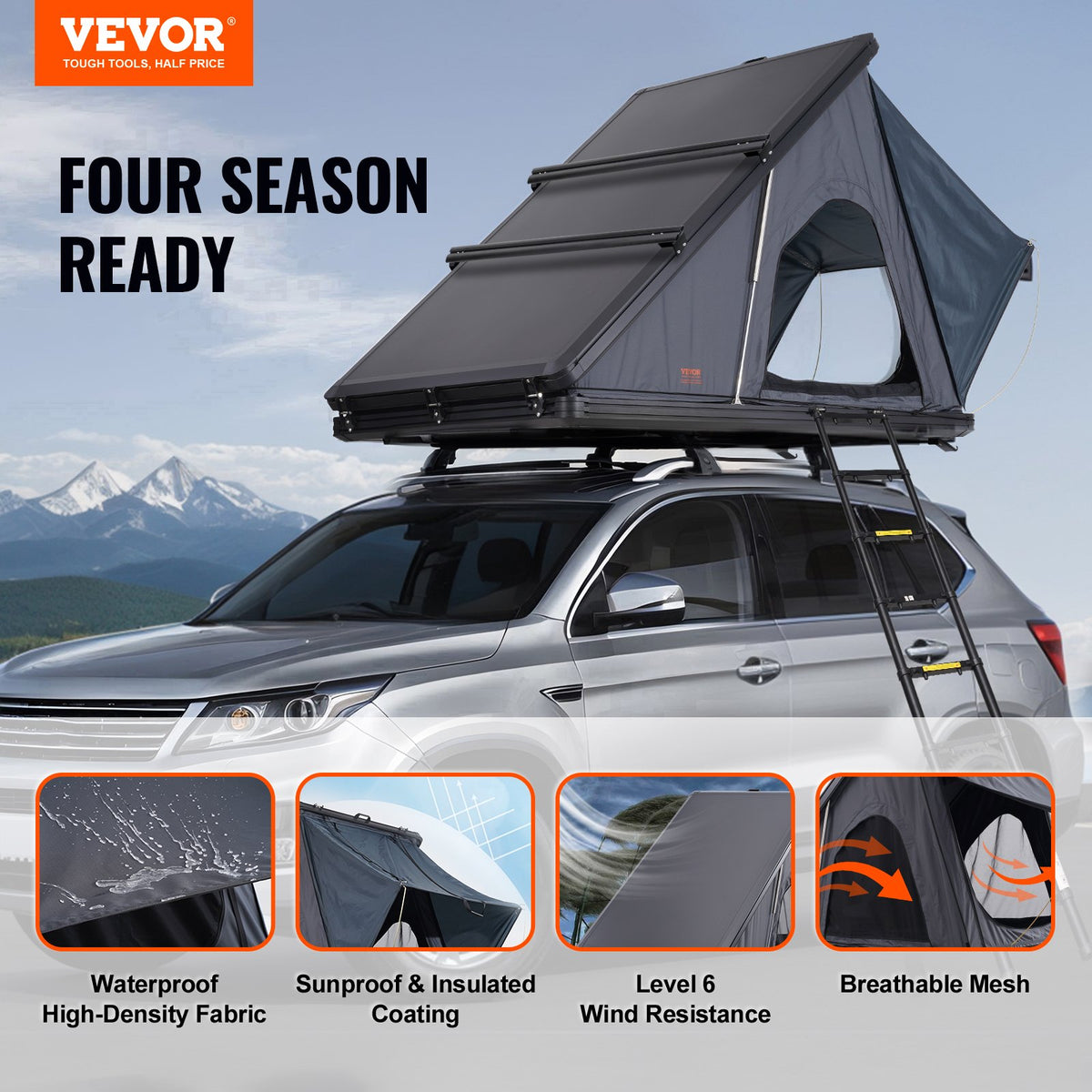 VEVOR Rooftop Tent Hard Shell, Naturnest Rooftop Tent Hardshell for 2-3 Person, Hard Shell Roof Top Tent with Telescopic Ladder Thick Mattress, Waterproof Windproof for Jeep SUV Van Pickup Truck