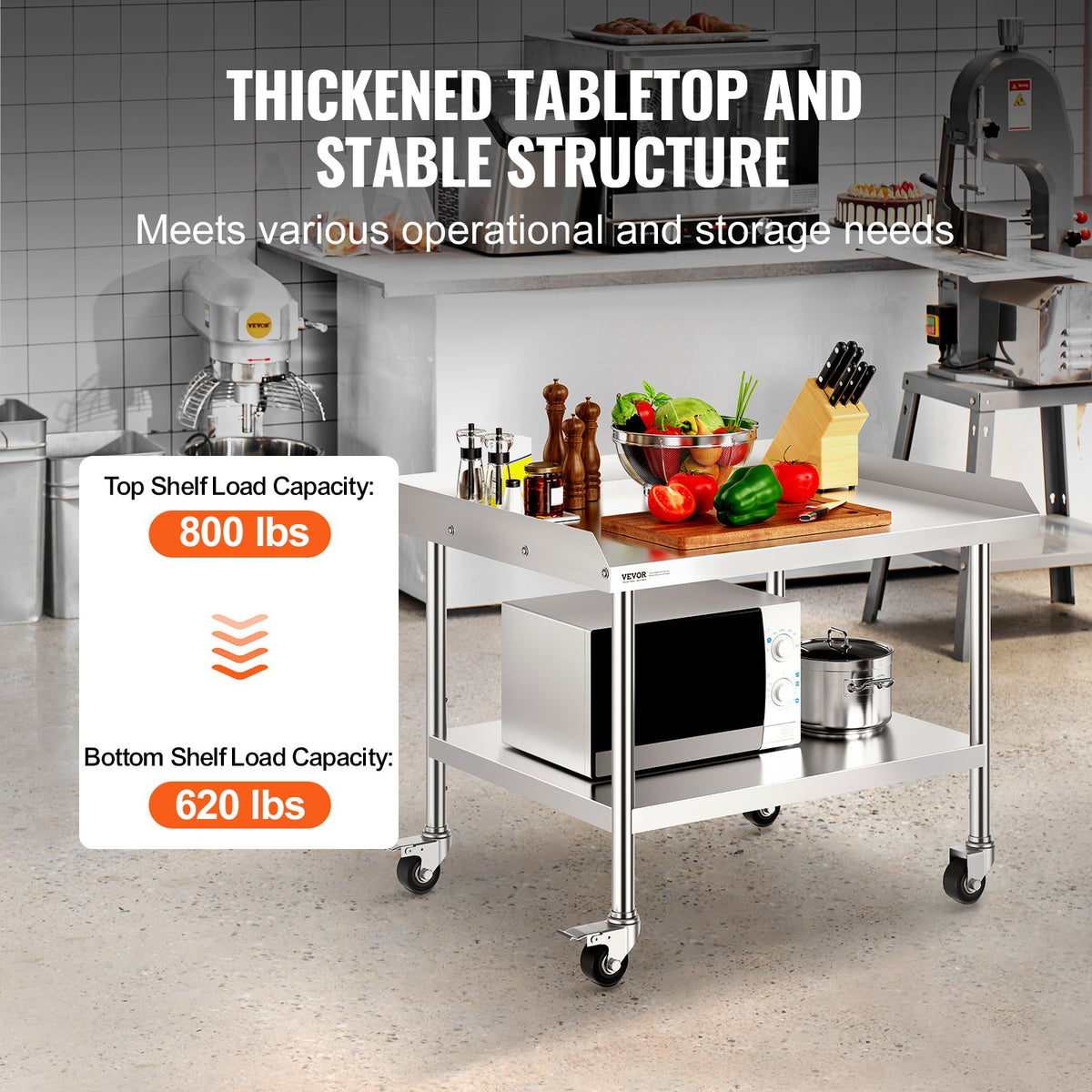 VEVOR Stainless Steel Work Table 76.2x91.4 cm Commercial Food Prep Table W/ 4 Casters