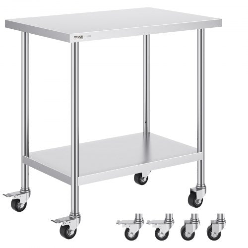 VEVOR Stainless Steel Work Table 24 x 36 x 38 Inch, with 4 Wheels, 3 Adjustable Height Levels, Heavy Duty Food Prep Worktable for Commercial Kitchen Restaurant, Silver